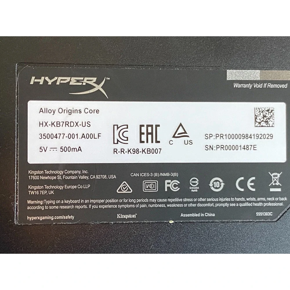 HyperX Alloy Origins Core TKL Mechanical Gaming Keyboard RGB Red Linear Switches